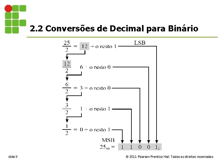 2. 2 Conversões de Decimal para Binário slide 9 © 2011 Pearson Prentice Hall.
