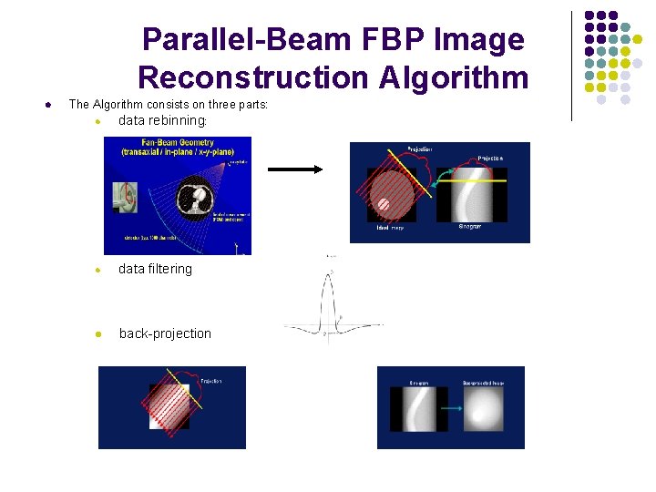 Parallel-Beam FBP Image Reconstruction Algorithm l The Algorithm consists on three parts: l data