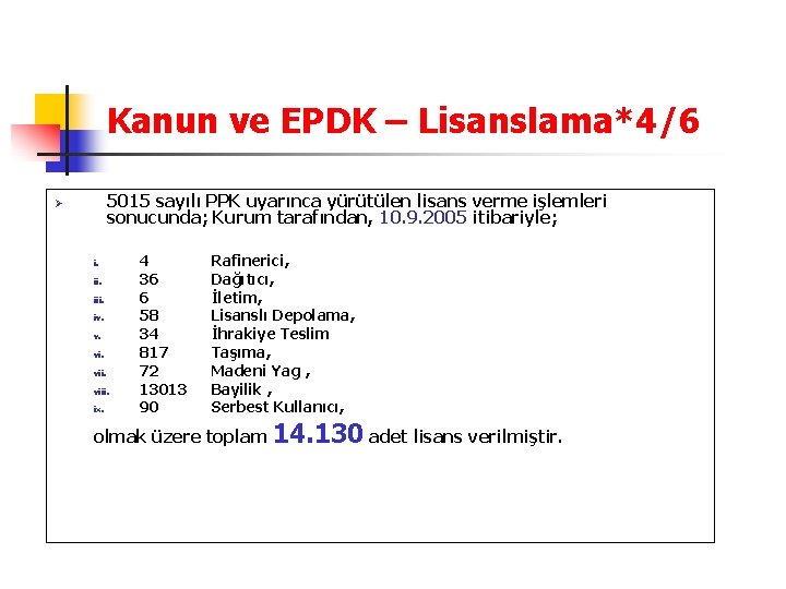 Kanun ve EPDK – Lisanslama*4/6 5015 sayılı PPK uyarınca yürütülen lisans verme işlemleri sonucunda;