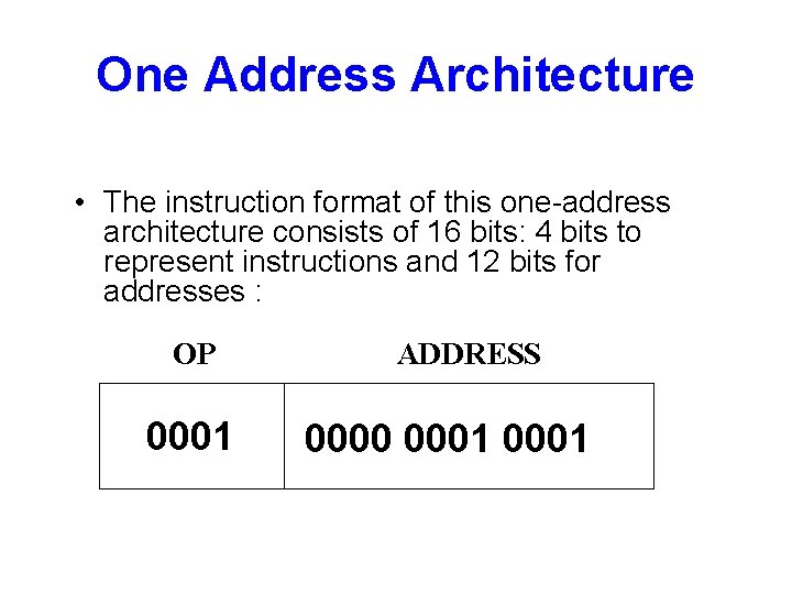 One Address Architecture • The instruction format of this one-address architecture consists of 16