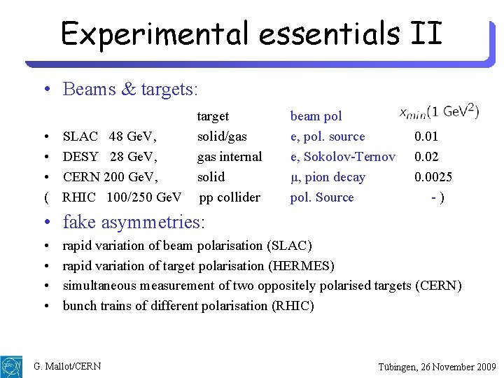 Experimental essentials II • Beams & targets: • • • ( SLAC 48 Ge.