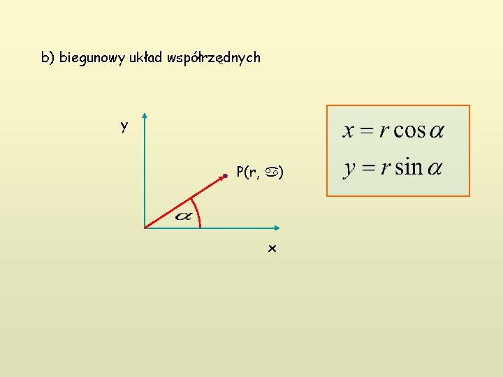 b) biegunowy układ współrzędnych y P(r, ) x 