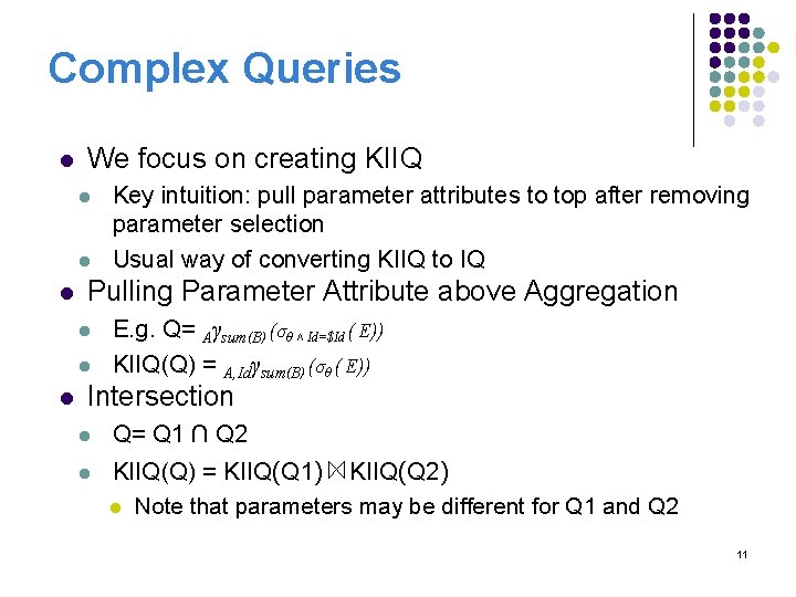 Complex Queries l We focus on creating KIIQ l l l Pulling Parameter Attribute