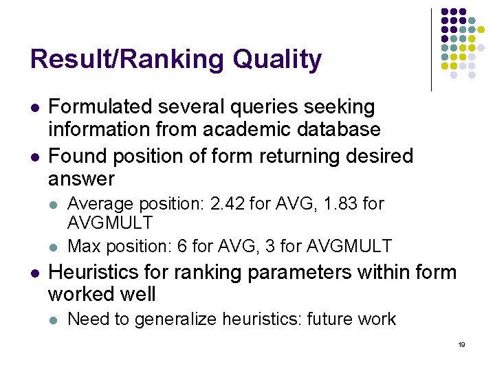 Result/Ranking Quality l l Formulated several queries seeking information from academic database Found position