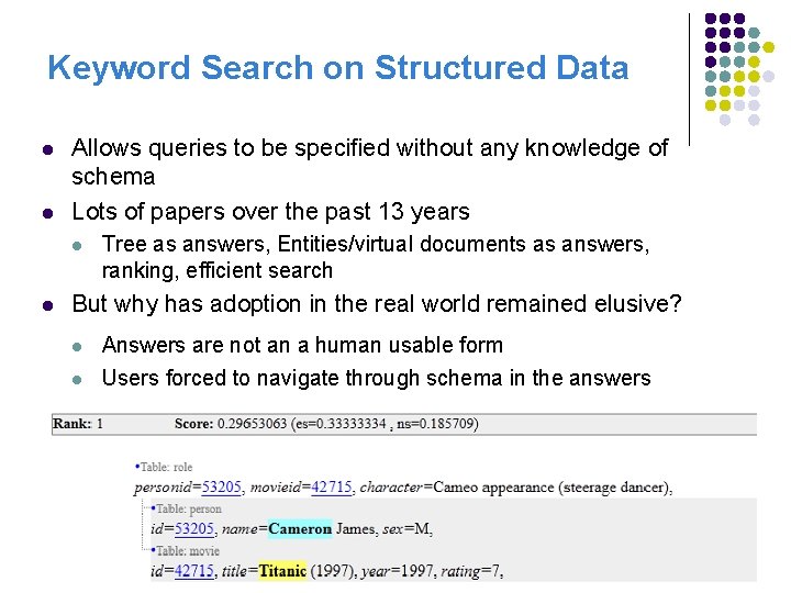 Keyword Search on Structured Data l l Allows queries to be specified without any