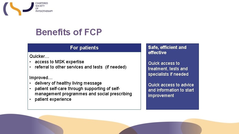 Benefits of FCP For patients Quicker… • access to MSK expertise • referral to
