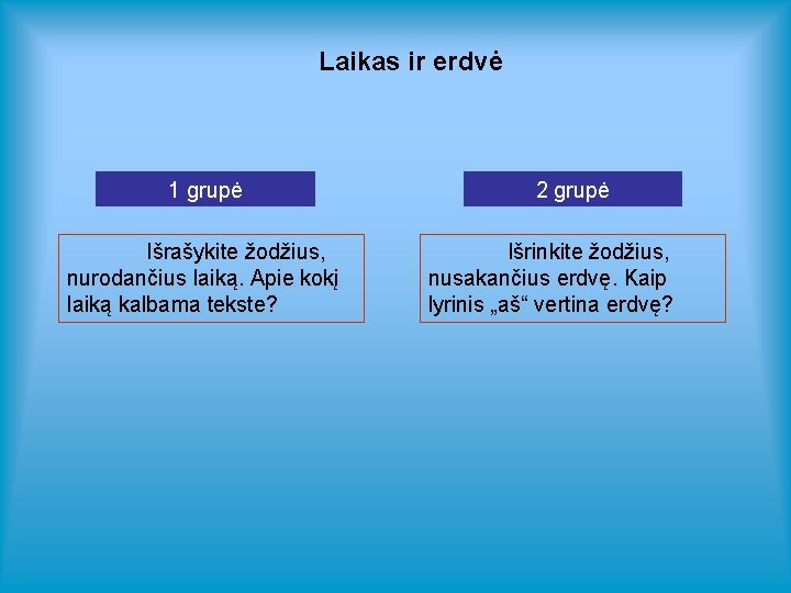 Laikas ir erdvė 1 grupė Išrašykite žodžius, nurodančius laiką. Apie kokį laiką kalbama tekste?