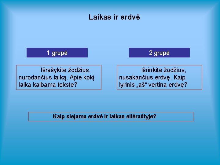 Laikas ir erdvė 1 grupė Išrašykite žodžius, nurodančius laiką. Apie kokį laiką kalbama tekste?