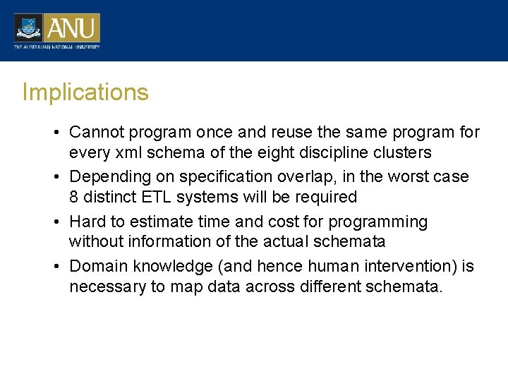 Implications • Cannot program once and reuse the same program for every xml schema