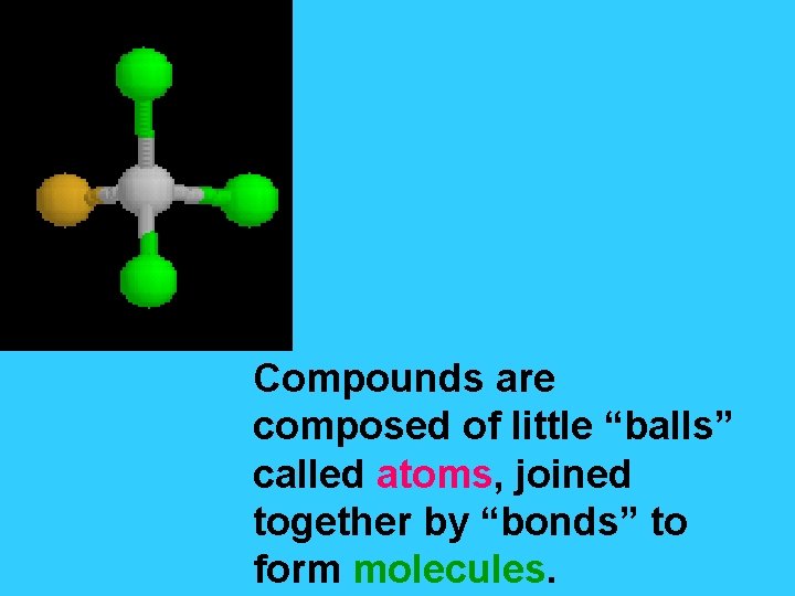Compounds are composed of little “balls” called atoms, joined together by “bonds” to form