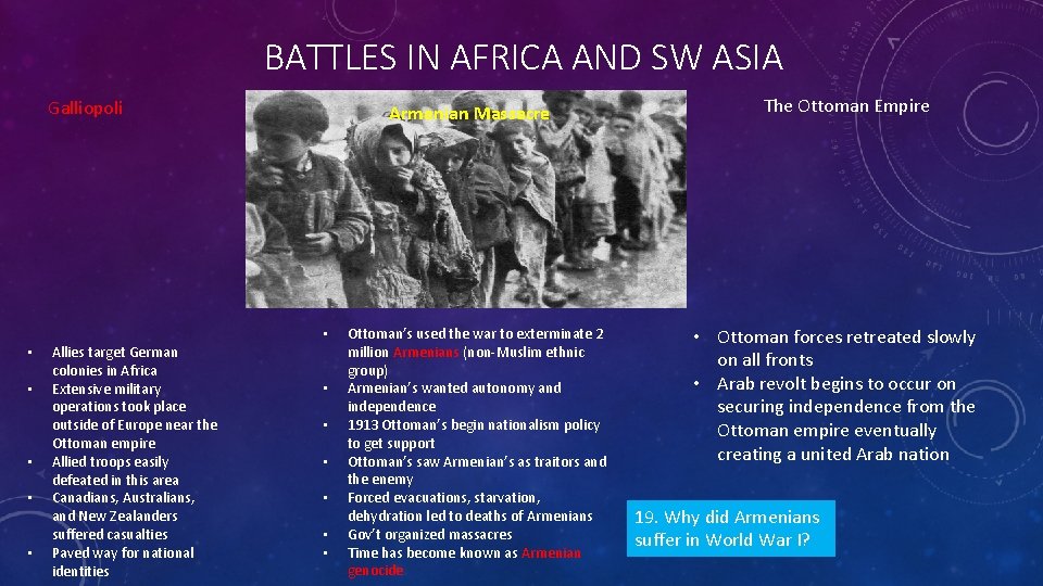 BATTLES IN AFRICA AND SW ASIA Galliopoli Armenian Massacre • • • Allies target BATTLES IN AFRICA AND SW ASIA Galliopoli Armenian Massacre • • • Allies target