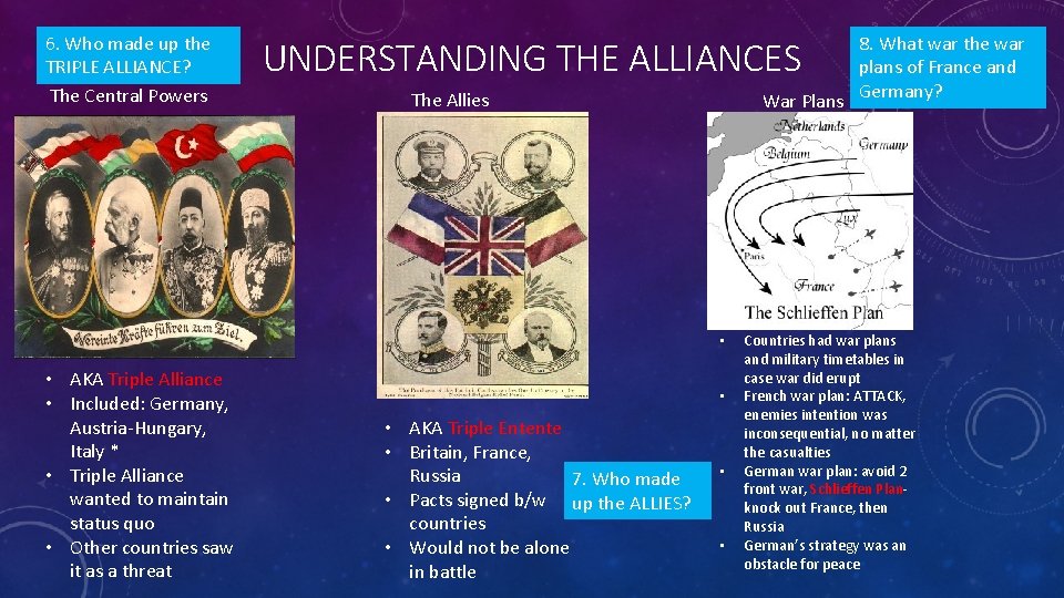 6. Who made up the TRIPLE ALLIANCE? The Central Powers 8. What war the 6. Who made up the TRIPLE ALLIANCE? The Central Powers 8. What war the