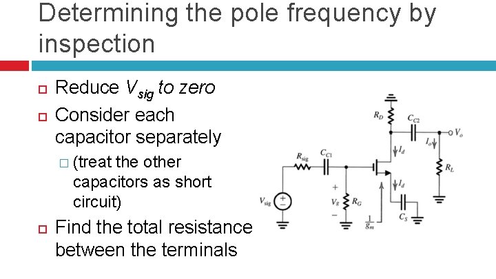 Determining the pole frequency by inspection Reduce Vsig to zero Consider each capacitor separately