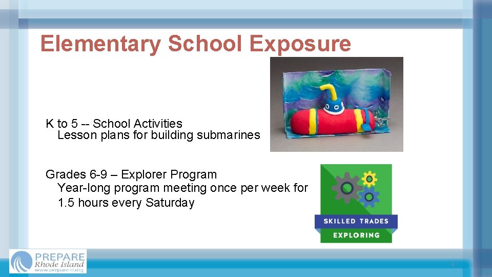 Elementary School Exposure K to 5 -- School Activities Lesson plans for building submarines