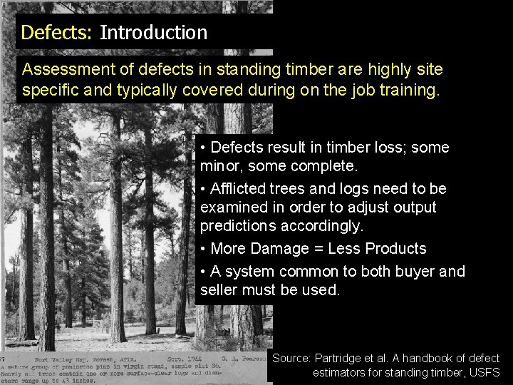 Defects: Introduction Assessment of defects in standing timber are highly site specific and typically