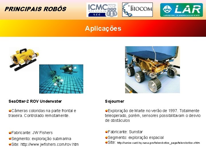PRINCIPAIS ROBÔS Aplicações Sea. Otter-2 ROV Underwater Sojourner Câmeras coloridas na parte frontal e