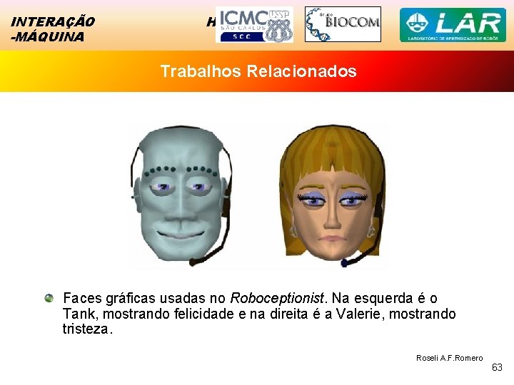 INTERAÇÃO -MÁQUINA HOMEM Trabalhos Relacionados Faces gráficas usadas no Roboceptionist. Na esquerda é o