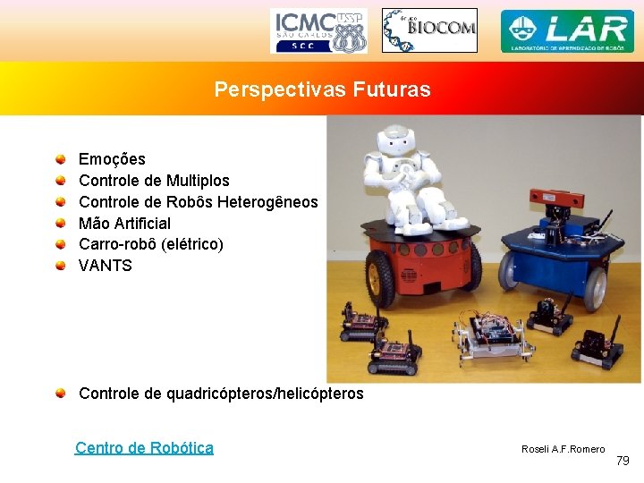 Perspectivas Futuras Emoções Controle de Multiplos Controle de Robôs Heterogêneos Mão Artificial Carro-robô (elétrico)