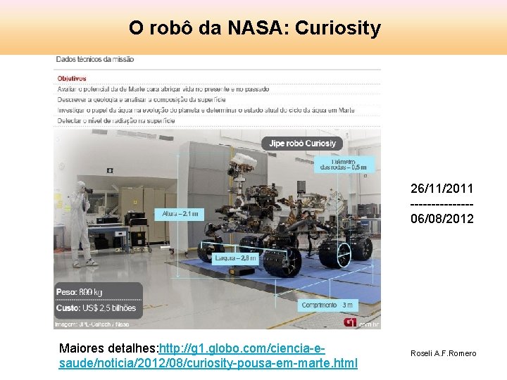 O robô da NASA: Curiosity 26/11/2011 -------06/08/2012 Maiores detalhes: http: //g 1. globo. com/ciencia-esaude/noticia/2012/08/curiosity-pousa-em-marte.