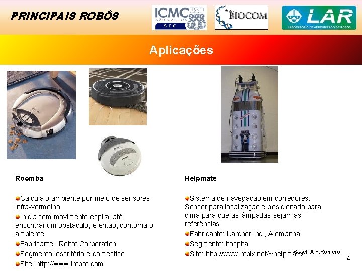 PRINCIPAIS ROBÔS Aplicações Roomba Helpmate Calcula o ambiente por meio de sensores infra-vermelho Inicia