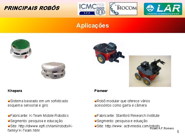 PRINCIPAIS ROBÔS Aplicações Khepera Pioneer Sistema baseado em um sofisticado esquema sensorial e giro