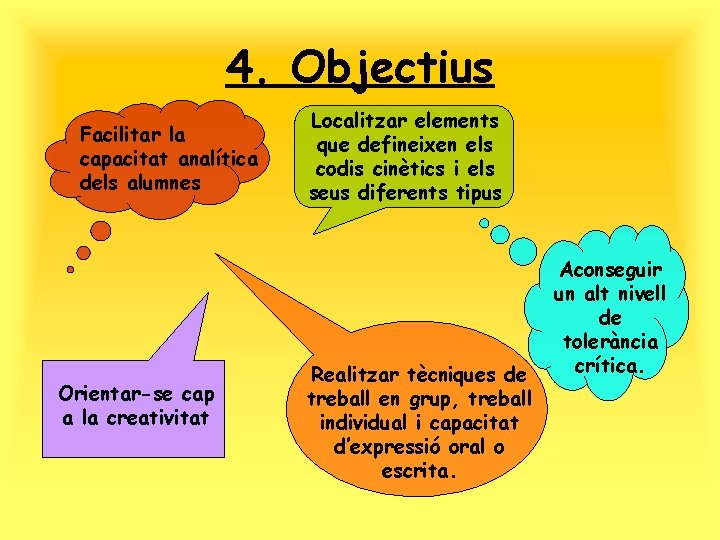 4. Objectius Facilitar la capacitat analítica dels alumnes Orientar-se cap a la creativitat Localitzar