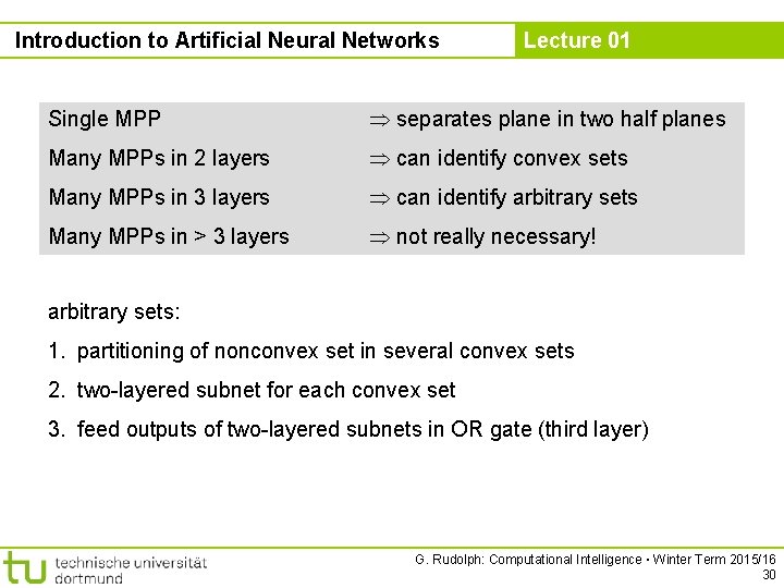 Introduction to Artificial Neural Networks Lecture 01 Single MPP separates plane in two half