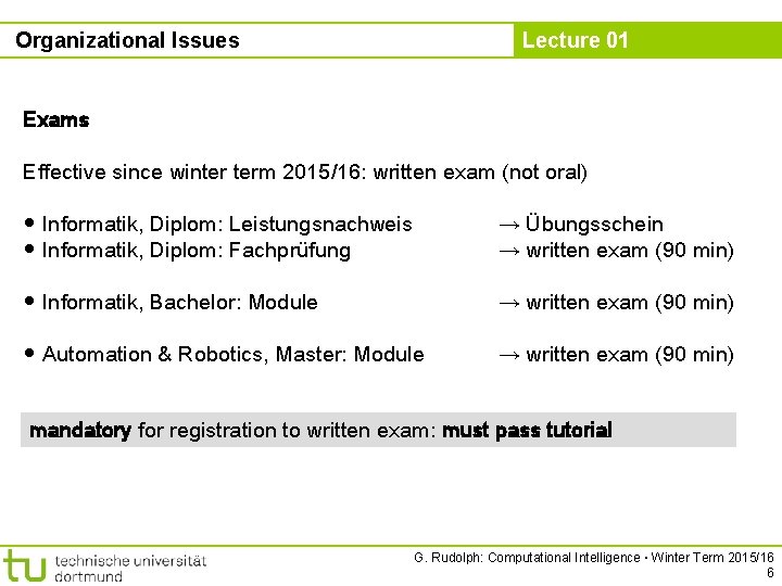 Organizational Issues Lecture 01 Exams Effective since winter term 2015/16: written exam (not oral)