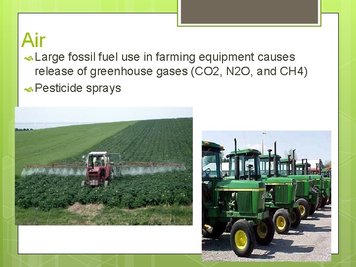 Air Large fossil fuel use in farming equipment causes release of greenhouse gases (CO