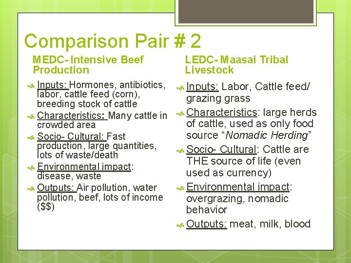 Comparison Pair # 2 MEDC- Intensive Beef Production Inputs: Hormones, antibiotics, labor, cattle feed