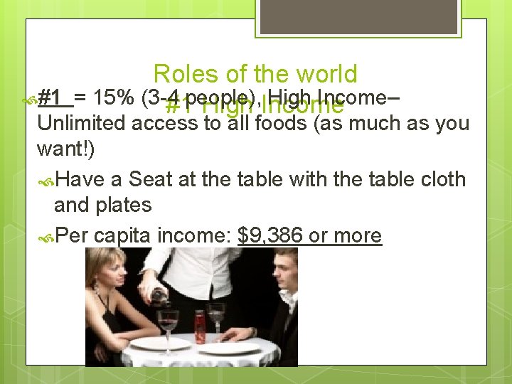 Roles of the world #1 = 15% (3 -4 people), High Income– #1 High