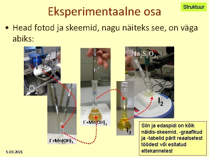 Eksperimentaalne osa Struktuur • Head fotod ja skeemid, nagu näiteks see, on väga abiks: