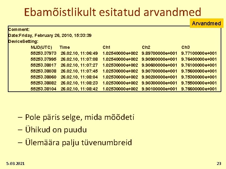Ebamõistlikult esitatud arvandmed Arvandmed Comment: Date: Friday, February 26, 2010, 15: 33: 39 Device.