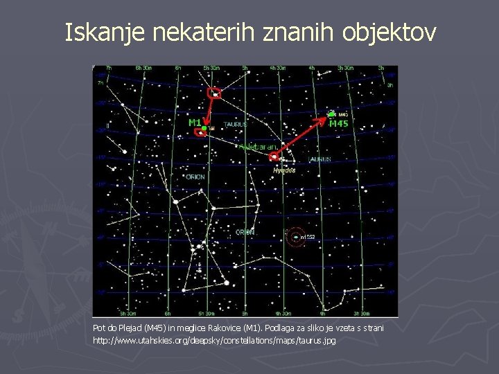 Iskanje nekaterih znanih objektov Pot do Plejad (M 45) in meglice Rakovice (M 1).