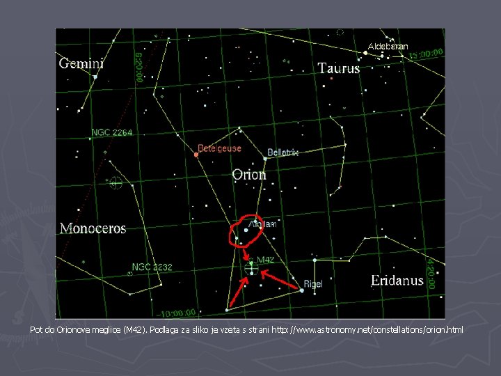 Pot do Orionove meglice (M 42). Podlaga za sliko je vzeta s strani http: