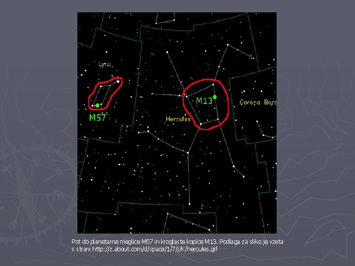 Pot do planetarne meglice M 57 in kroglaste kopice M 13. Podlaga za sliko