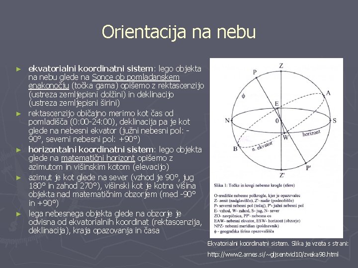 Orientacija na nebu ► ► ► ekvatorialni koordinatni sistem: lego objekta na nebu glede