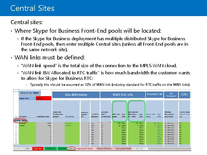 Central Sites Central sites: • Where Skype for Business Front-End pools will be located: Central Sites Central sites: • Where Skype for Business Front-End pools will be located: