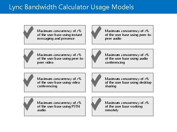 Lync Bandwidth Calculator Usage Models Maximum concurrency of x% of the user base using Lync Bandwidth Calculator Usage Models Maximum concurrency of x% of the user base using