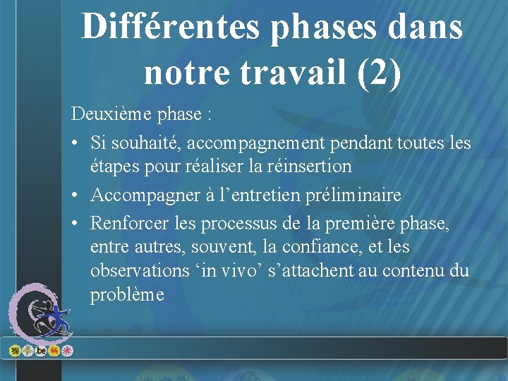 Différentes phases dans notre travail (2) Deuxième phase : • Si souhaité, accompagnement pendant