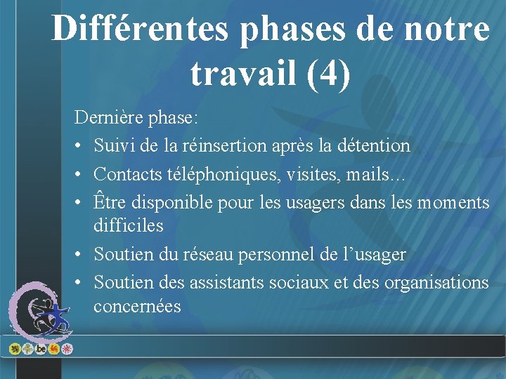 Différentes phases de notre travail (4) Dernière phase: • Suivi de la réinsertion après