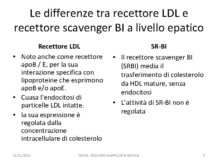 Le differenze tra recettore LDL e recettore scavenger BI a livello epatico Recettore LDL