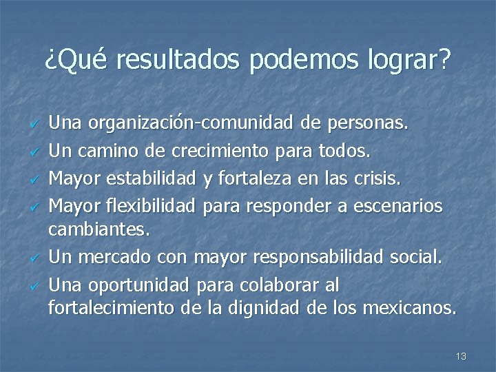 ¿Qué resultados podemos lograr? ü ü ü Una organización-comunidad de personas. Un camino de