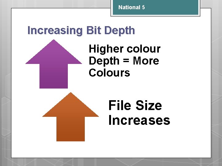 National 5 Increasing Bit Depth Higher colour Depth = More Colours File Size Increases