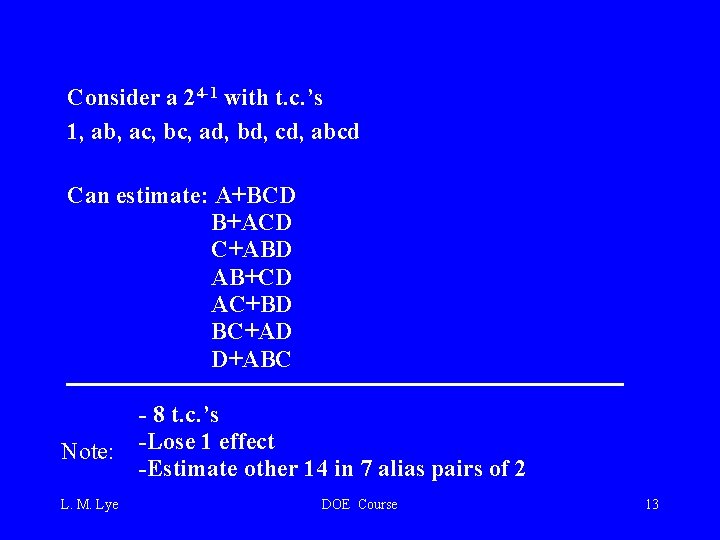 Consider a 24 -1 with t. c. ’s 1, ab, ac, bc, ad, bd,