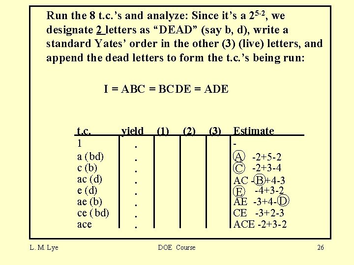 Run the 8 t. c. ’s and analyze: Since it’s a 25 -2, we