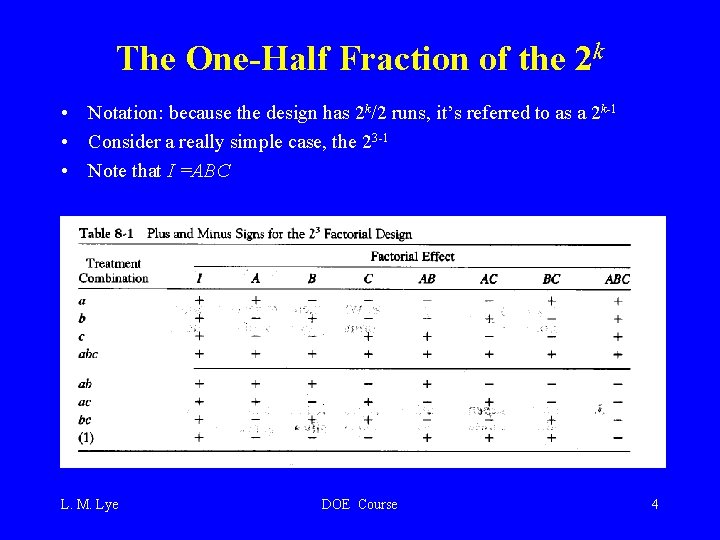 The One-Half Fraction of the 2 k • Notation: because the design has 2