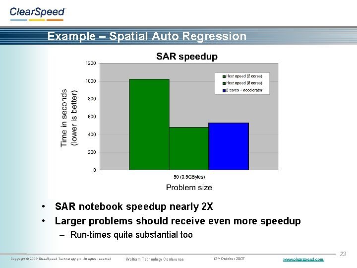 Example – Spatial Auto Regression • SAR notebook speedup nearly 2 X • Larger