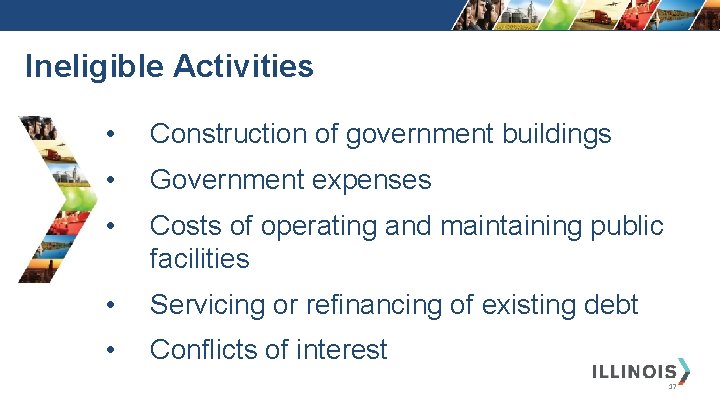 Ineligible Activities • Construction of government buildings • Government expenses • Costs of operating