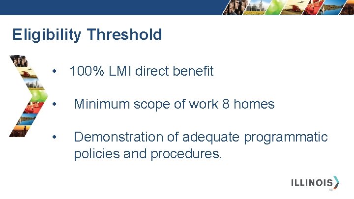 Eligibility Threshold • 100% LMI direct benefit • Minimum scope of work 8 homes